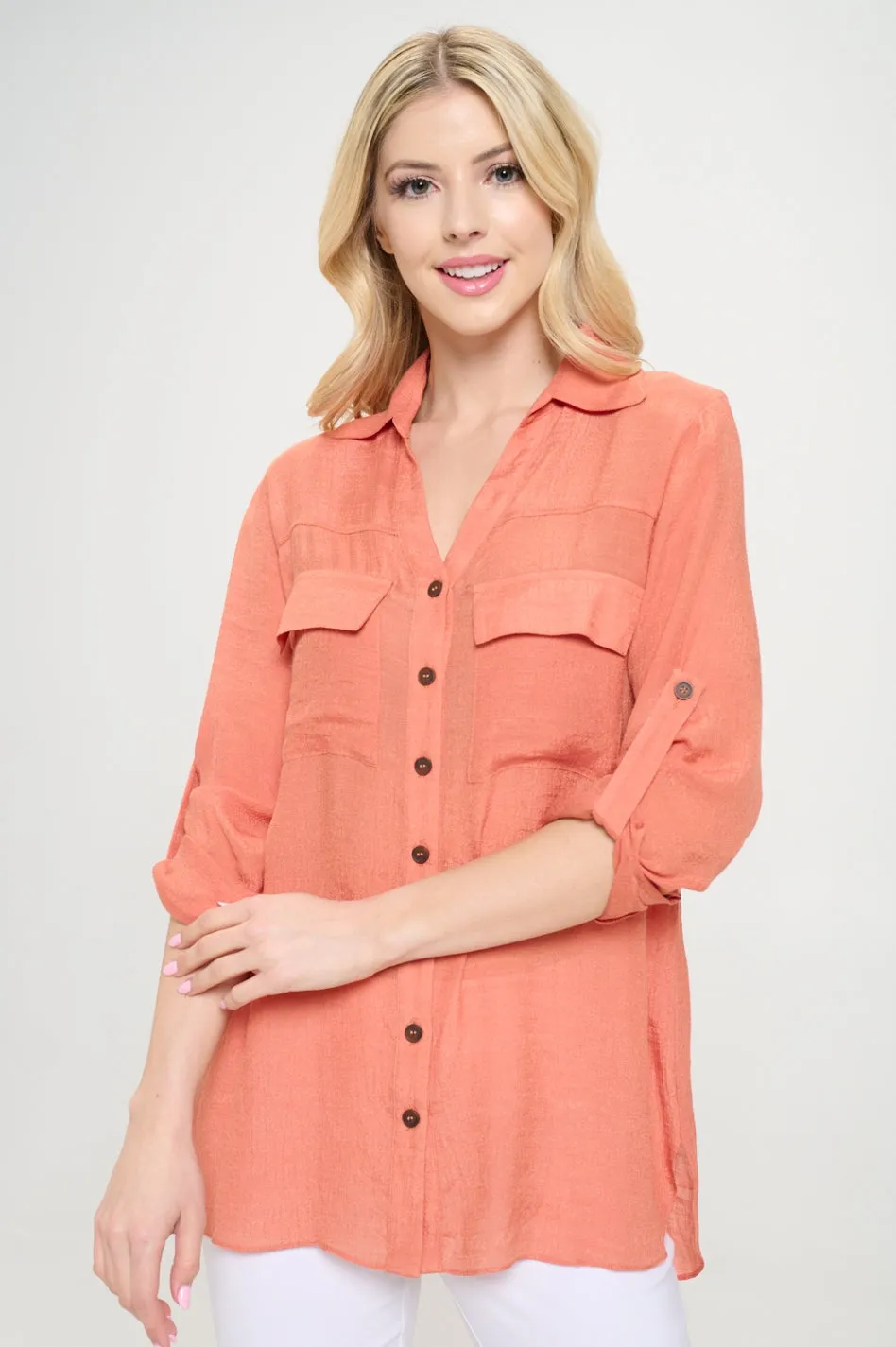 Flap Pocket Button Down Front Boyfriend Shirt