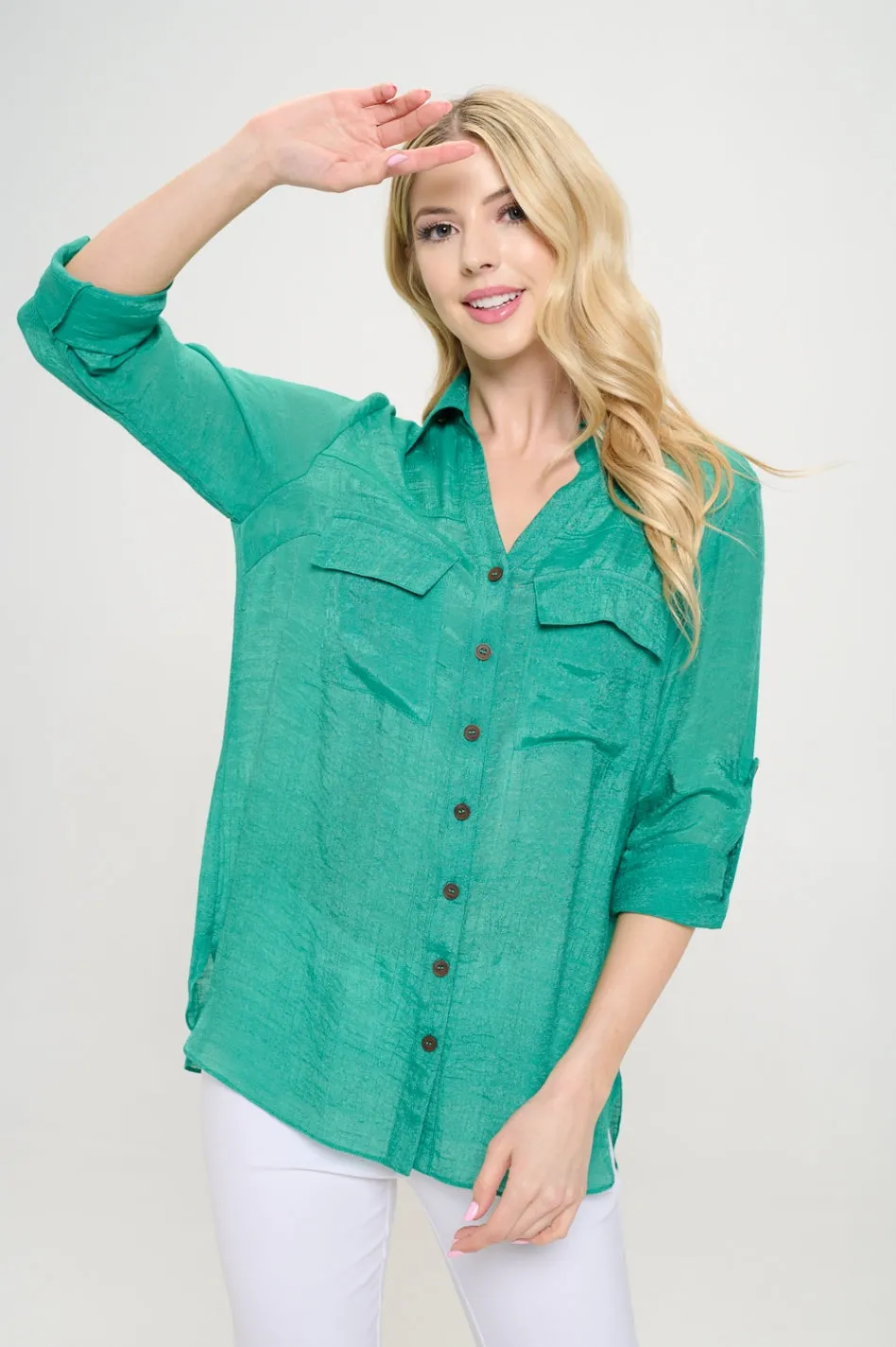 Flap Pocket Button Down Front Boyfriend Shirt