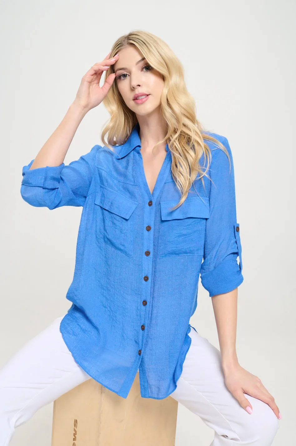 Flap Pocket Button Down Front Boyfriend Shirt