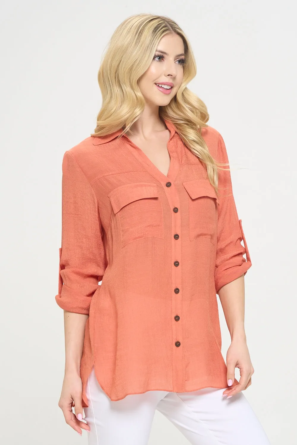 Flap Pocket Button Down Front Boyfriend Shirt