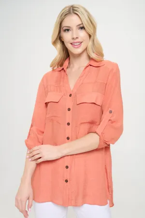 Flap Pocket Button Down Front Boyfriend Shirt