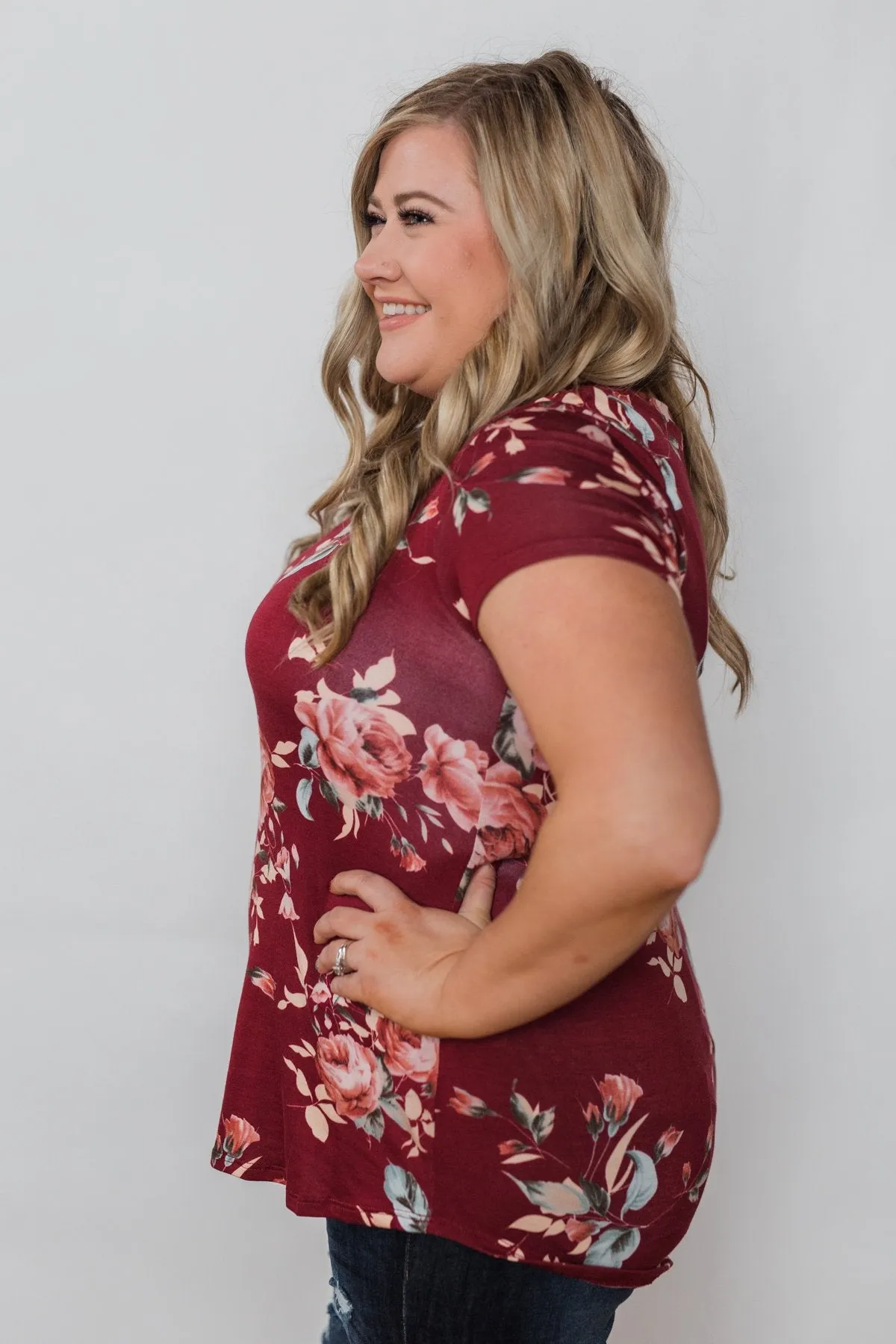 Floral Melody Short Sleeve Top - Burgundy