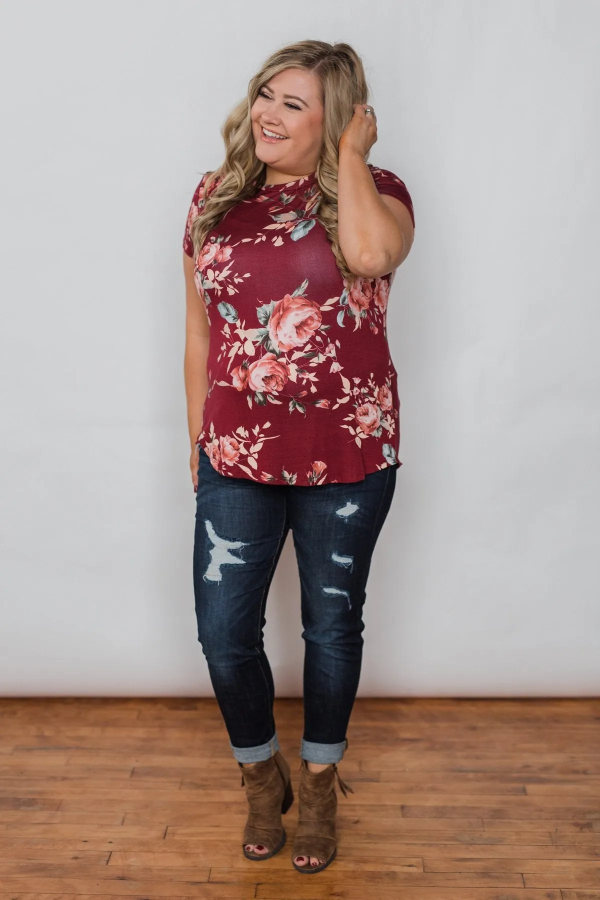 Floral Melody Short Sleeve Top - Burgundy