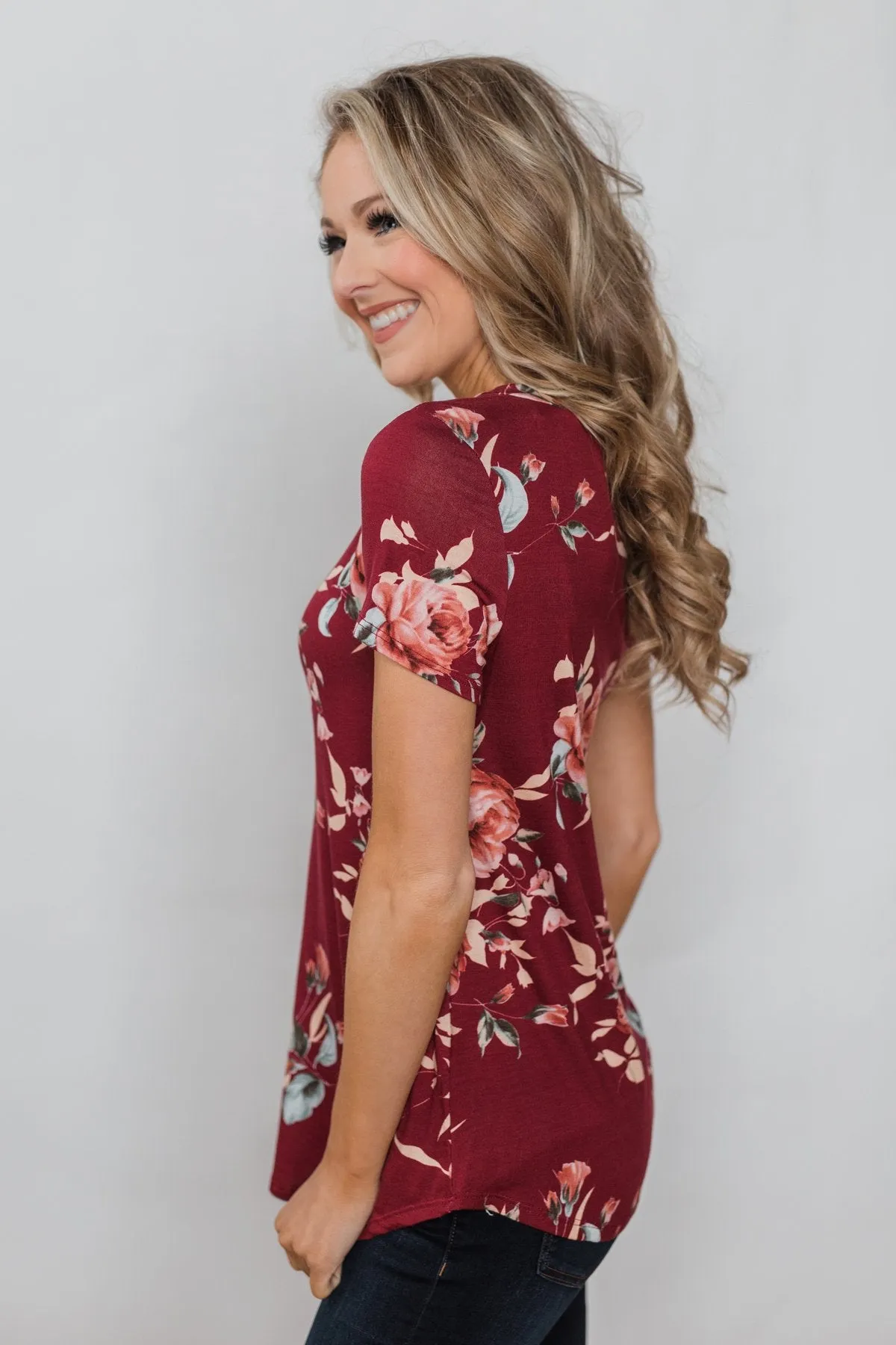 Floral Melody Short Sleeve Top - Burgundy