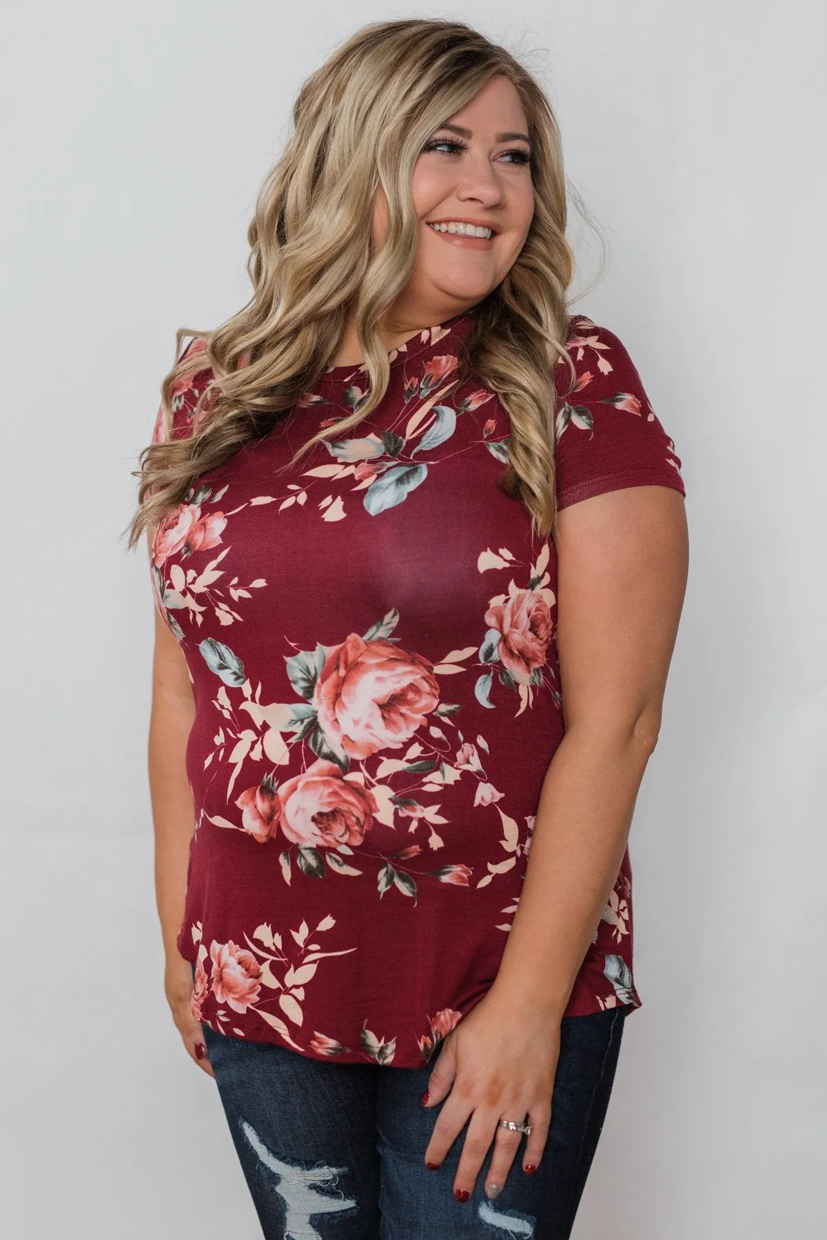 Floral Melody Short Sleeve Top - Burgundy