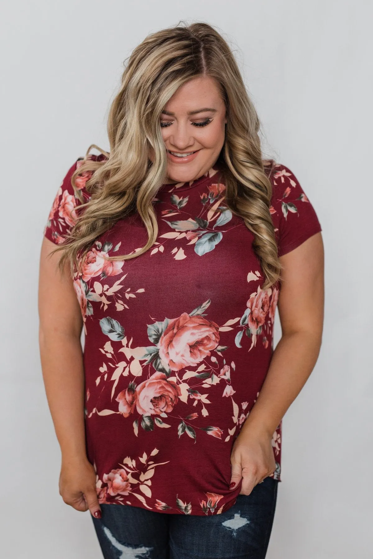 Floral Melody Short Sleeve Top - Burgundy