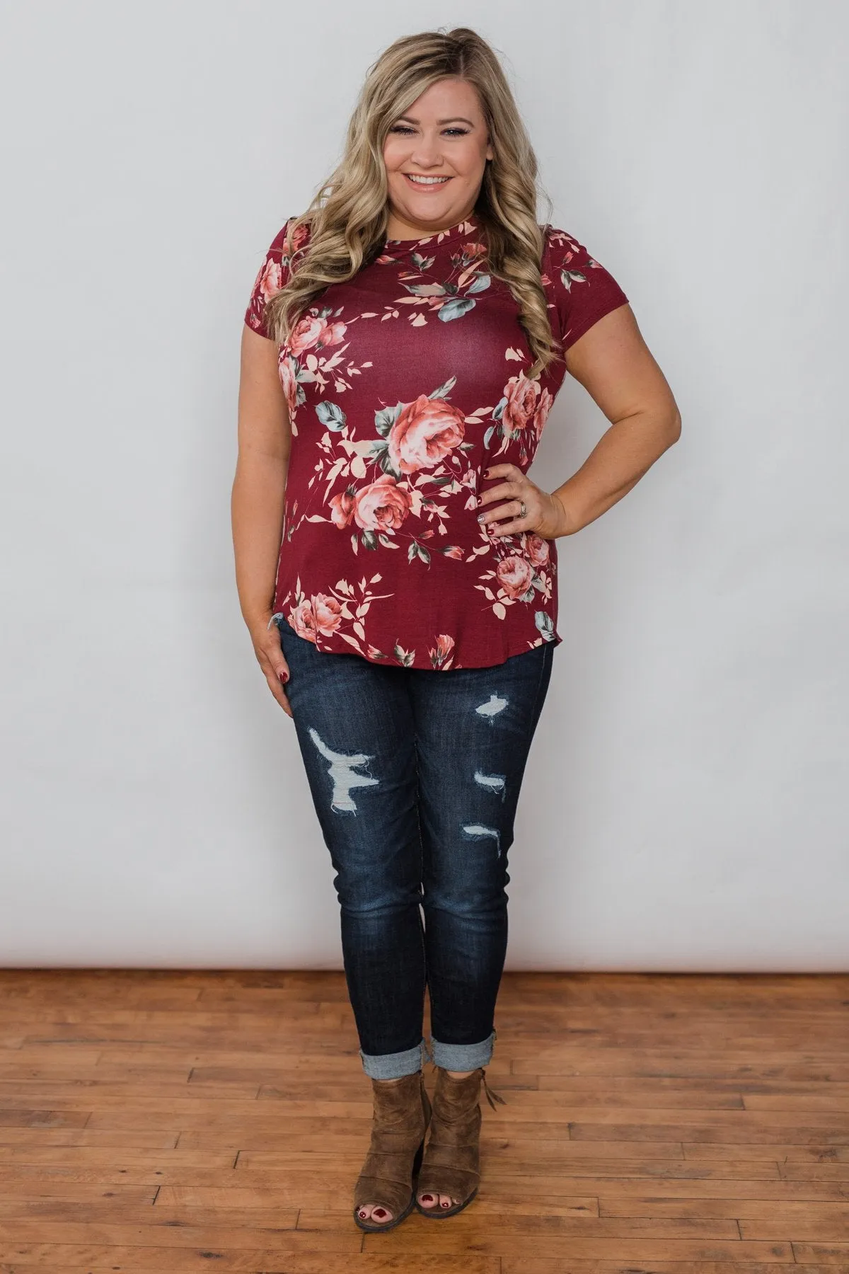 Floral Melody Short Sleeve Top - Burgundy