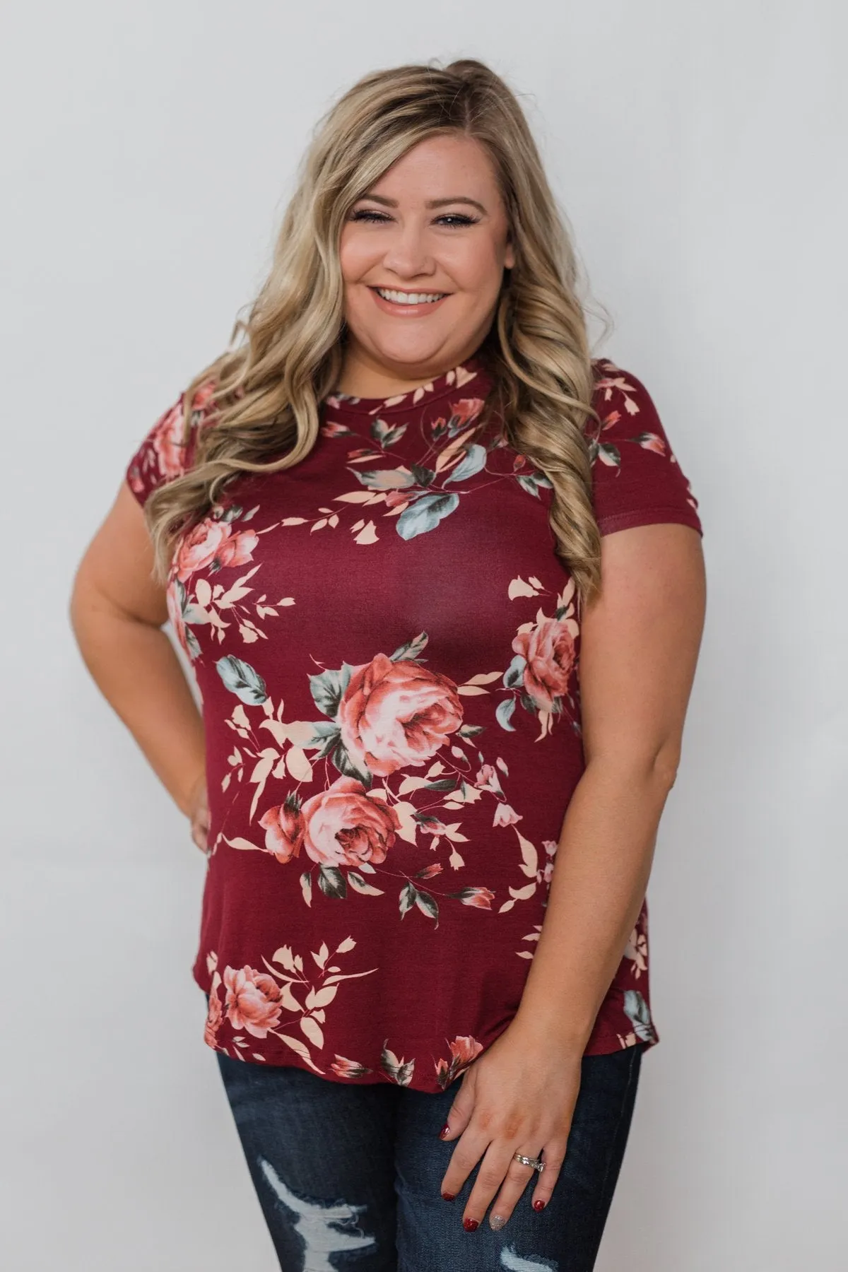 Floral Melody Short Sleeve Top - Burgundy