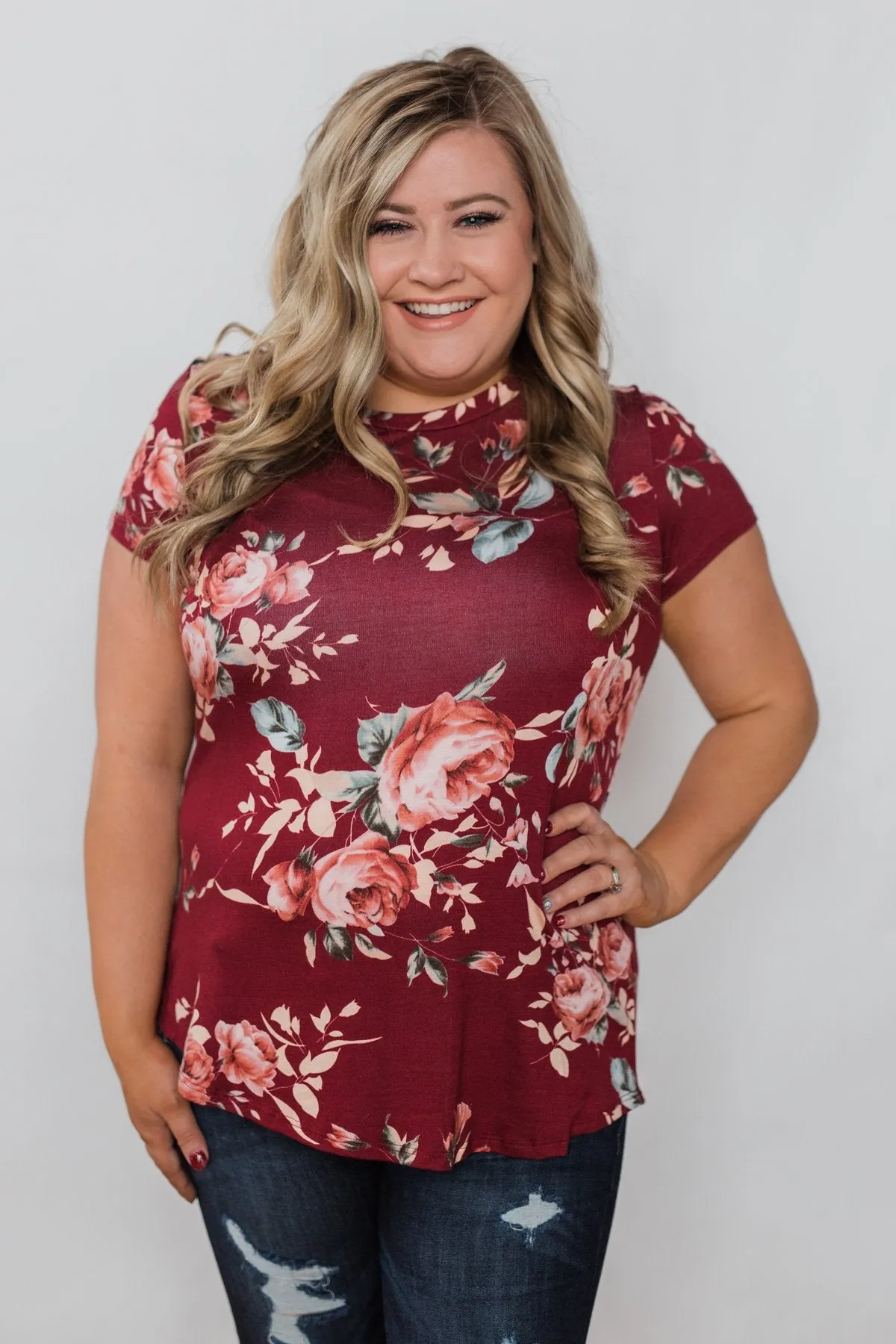 Floral Melody Short Sleeve Top - Burgundy