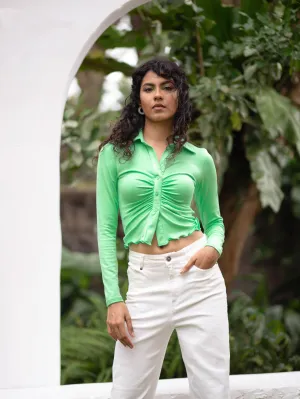 Front Gathered Button Down Long Sleeve Top