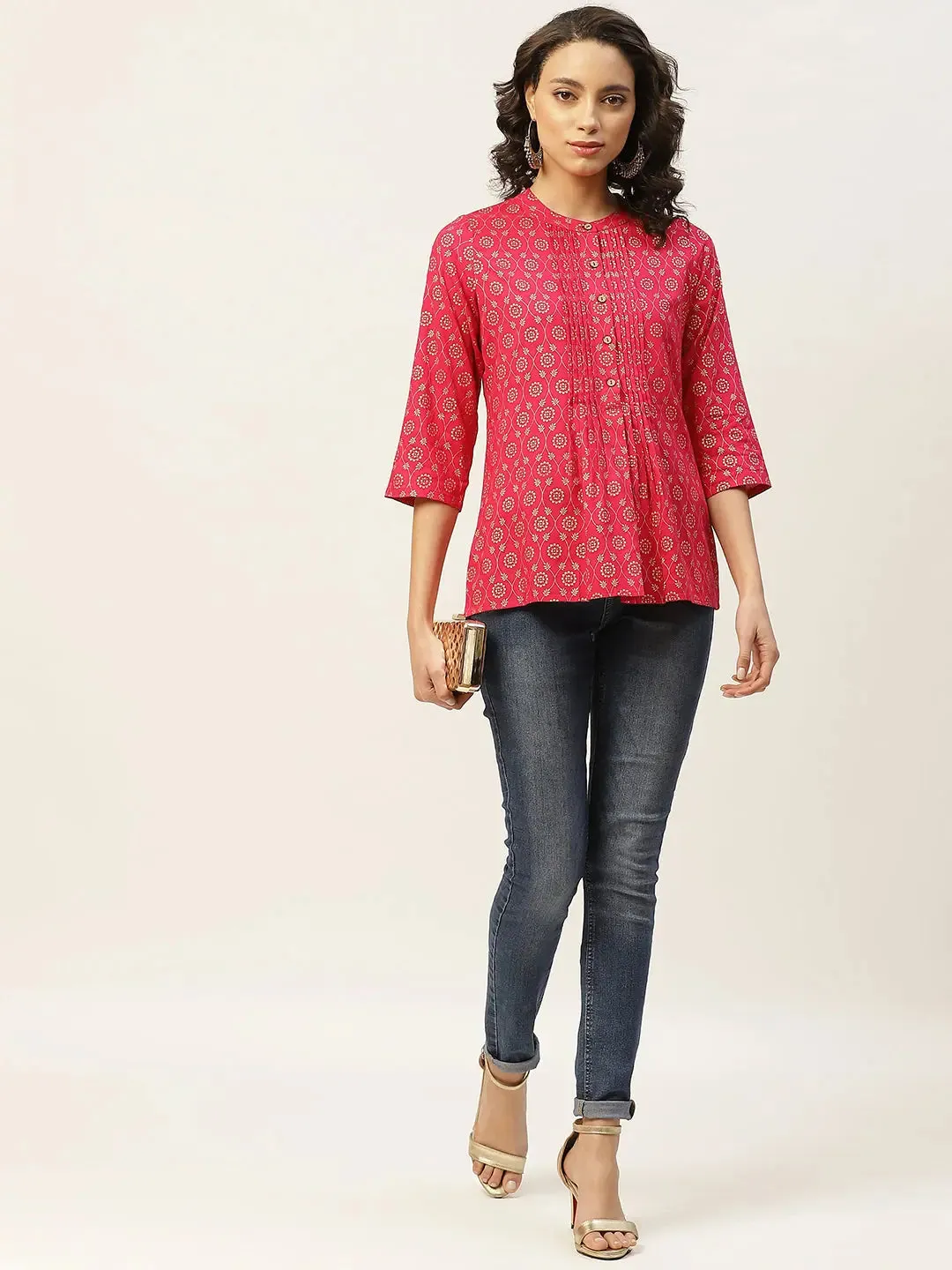 Fuchsia Foil Pleated Front Button Top