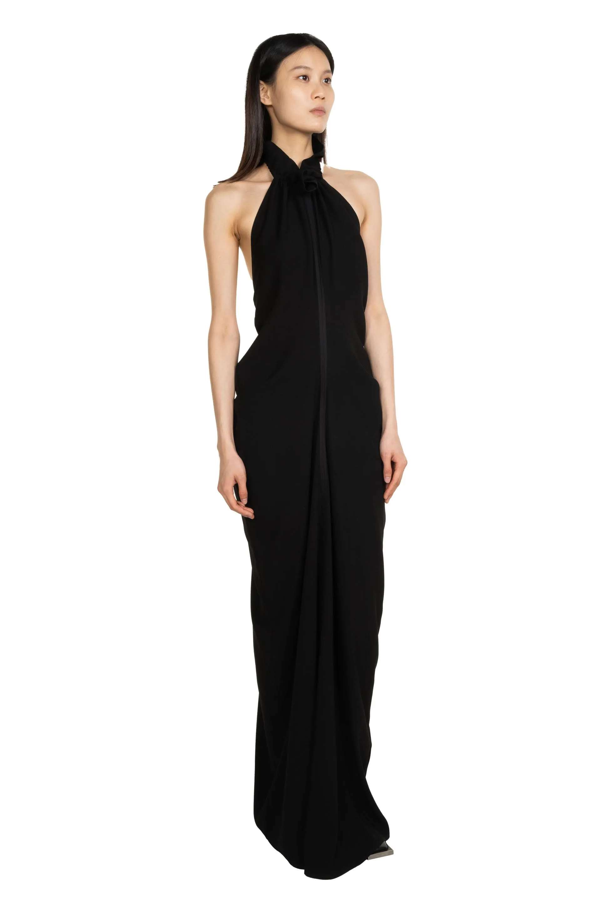 Gathered Collar Draped Dress Black