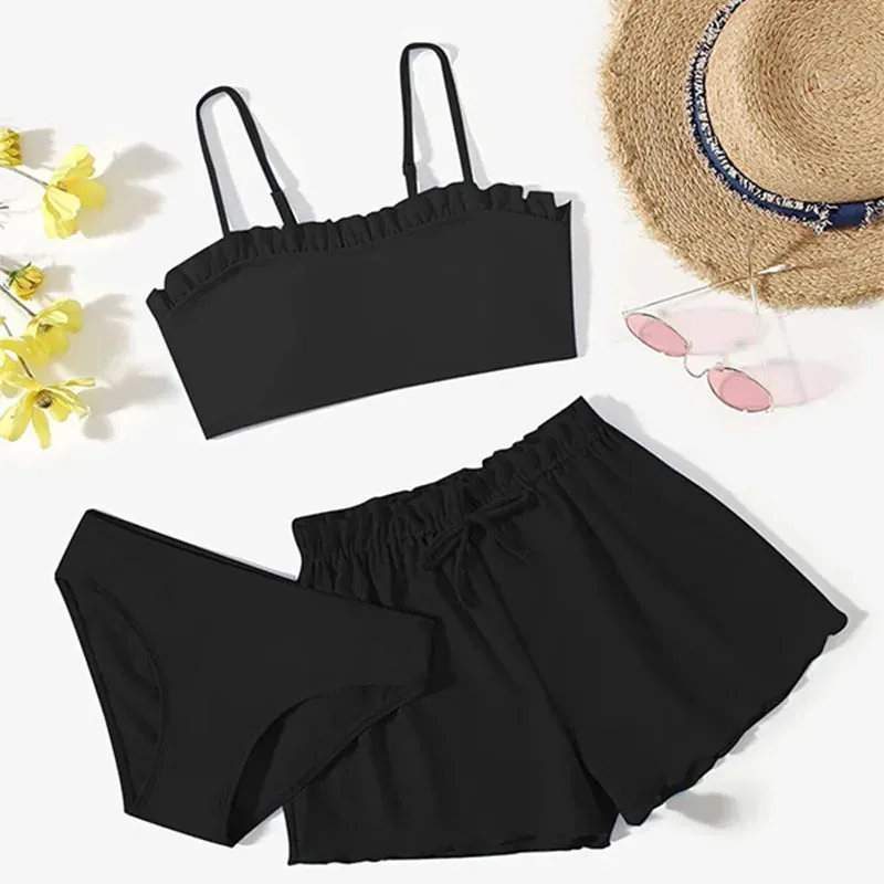 girl's simple style solid color 3 piece set bikinis