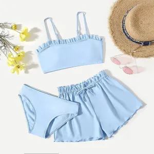 girl's simple style solid color 3 piece set bikinis