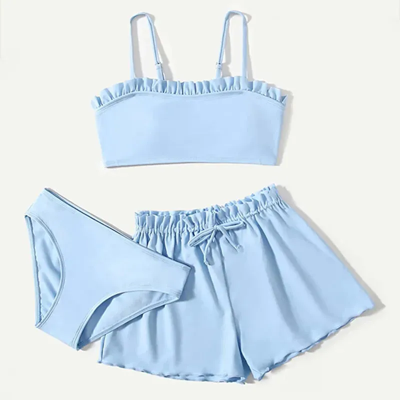 girl's simple style solid color 3 piece set bikinis
