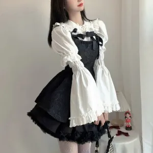 Gothic Jacquard Tunic Mini Dress with Bow and Butterfly Sleeves