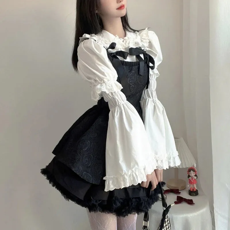 Gothic Jacquard Tunic Mini Dress with Bow and Butterfly Sleeves