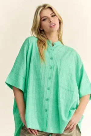 Green Rhinestone Accent Button Front Oversize Shirt