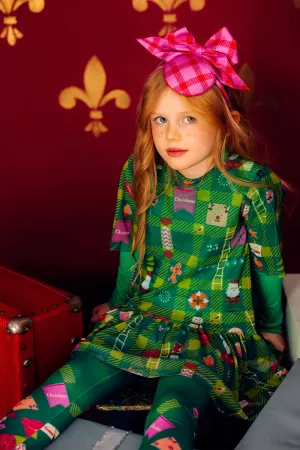 Green tartan Christmas landscape mesh tunic dress with long green cotton under t-shirt