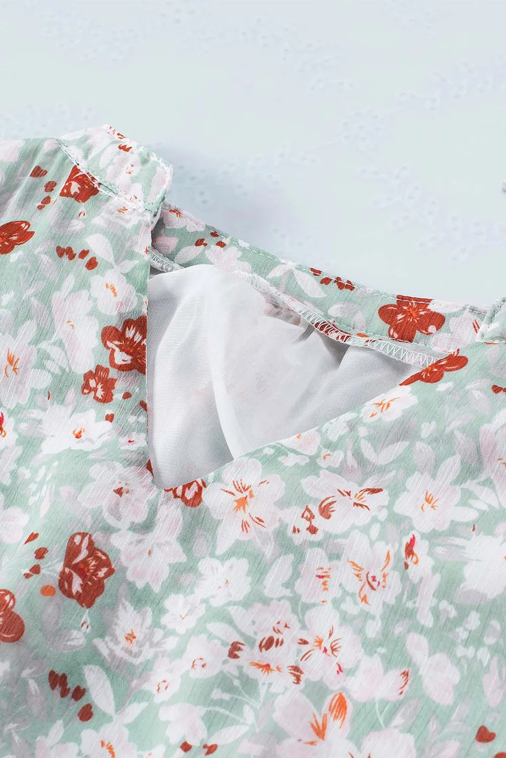 Green V Neck Puff Sleeves Floral Tunic Dress