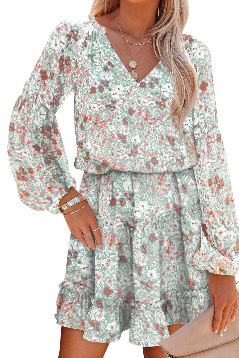 Green V Neck Puff Sleeves Floral Tunic Dress