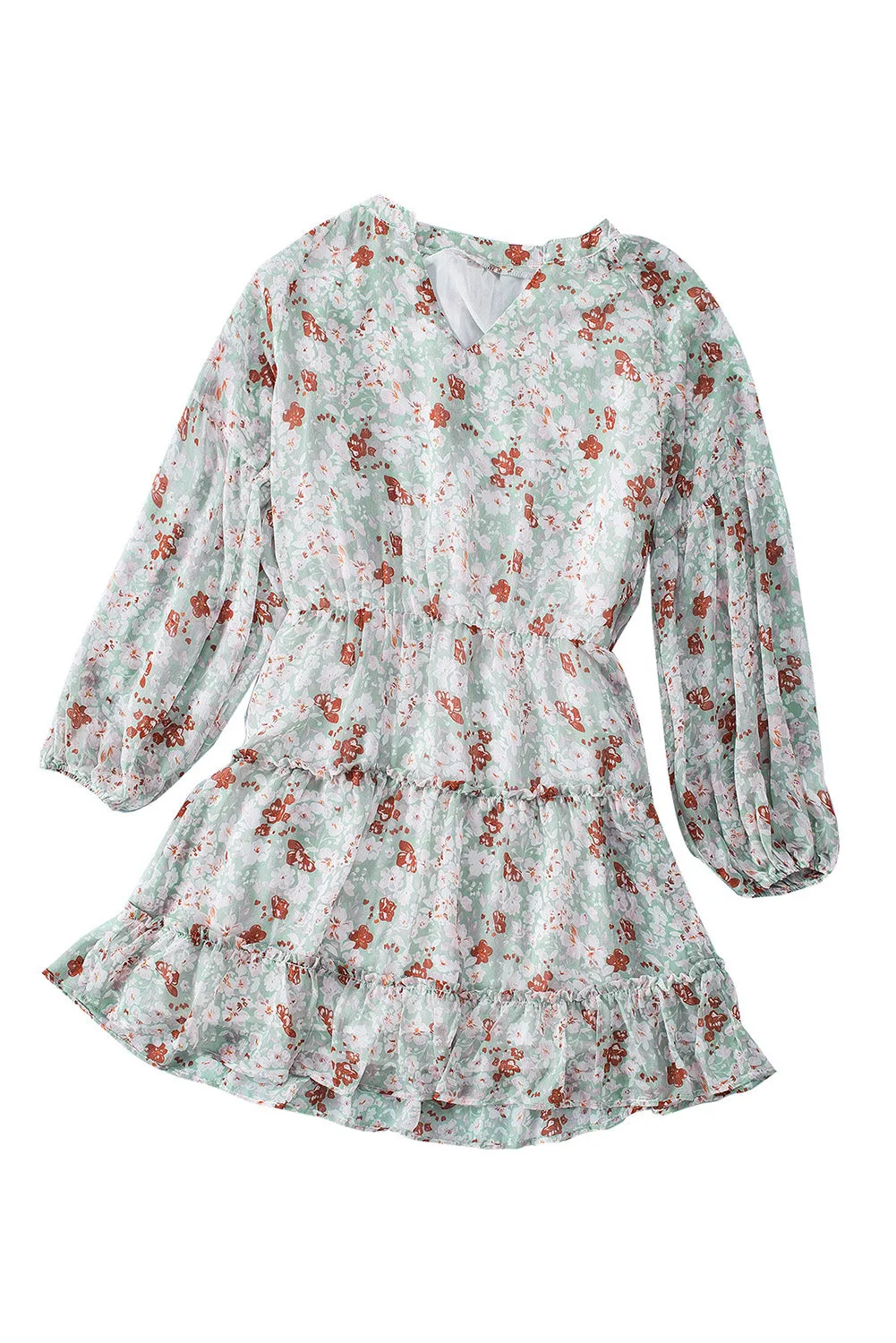 Green V Neck Puff Sleeves Floral Tunic Dress