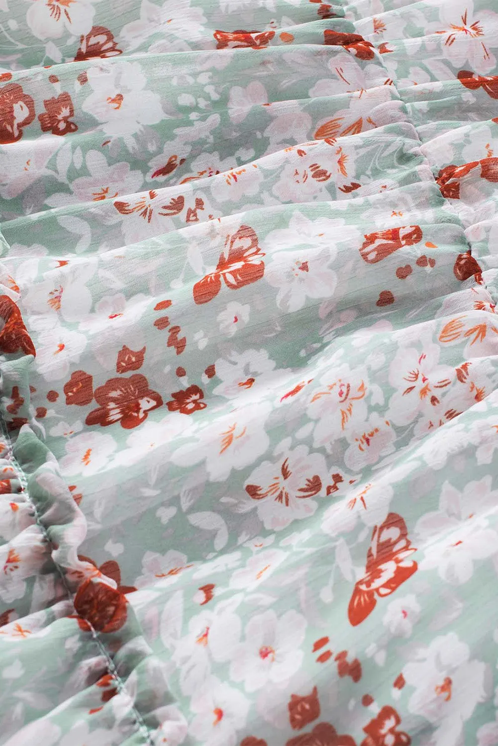 Green V Neck Puff Sleeves Floral Tunic Dress