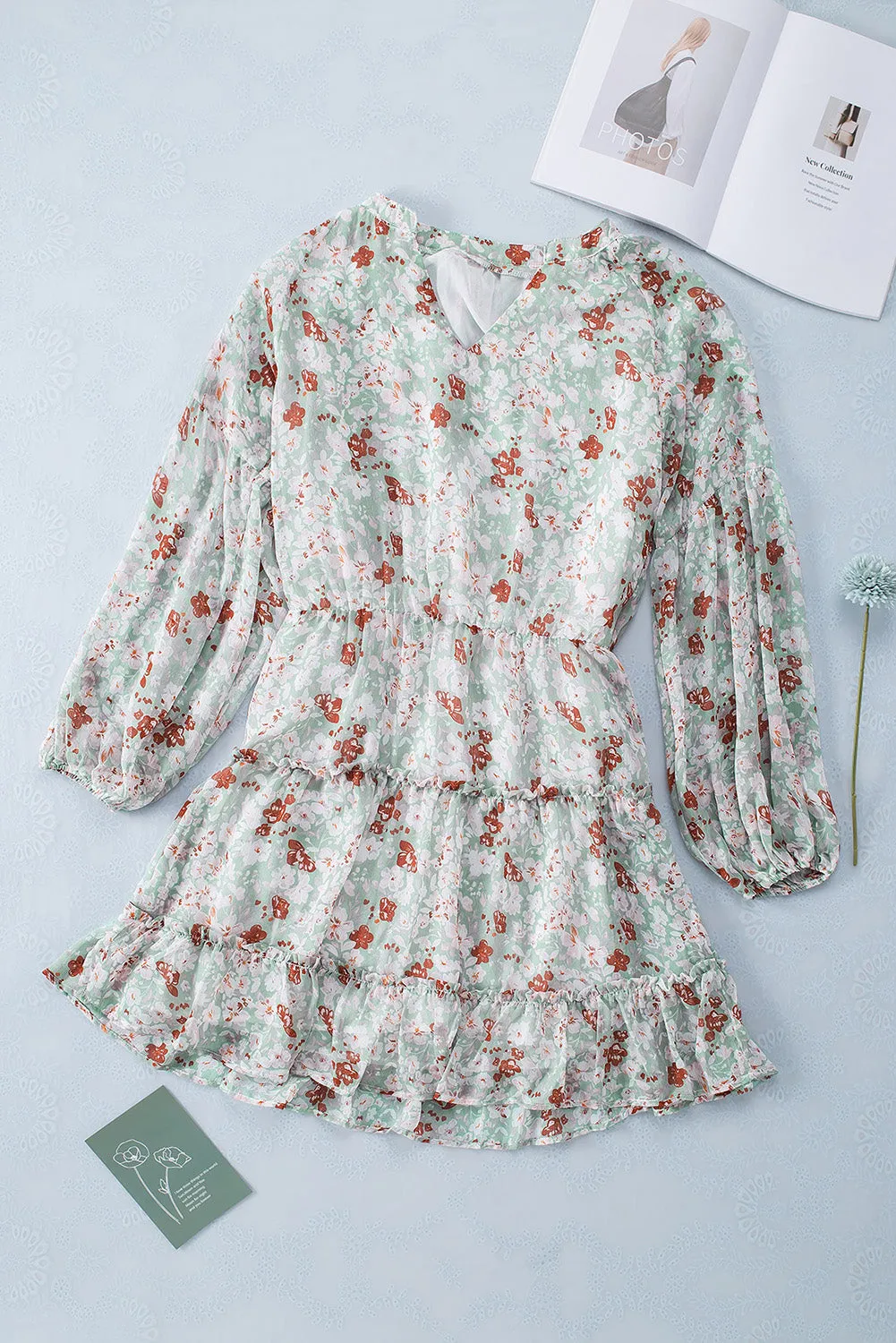 Green V Neck Puff Sleeves Floral Tunic Dress