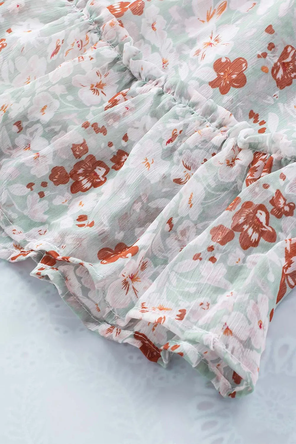 Green V Neck Puff Sleeves Floral Tunic Dress