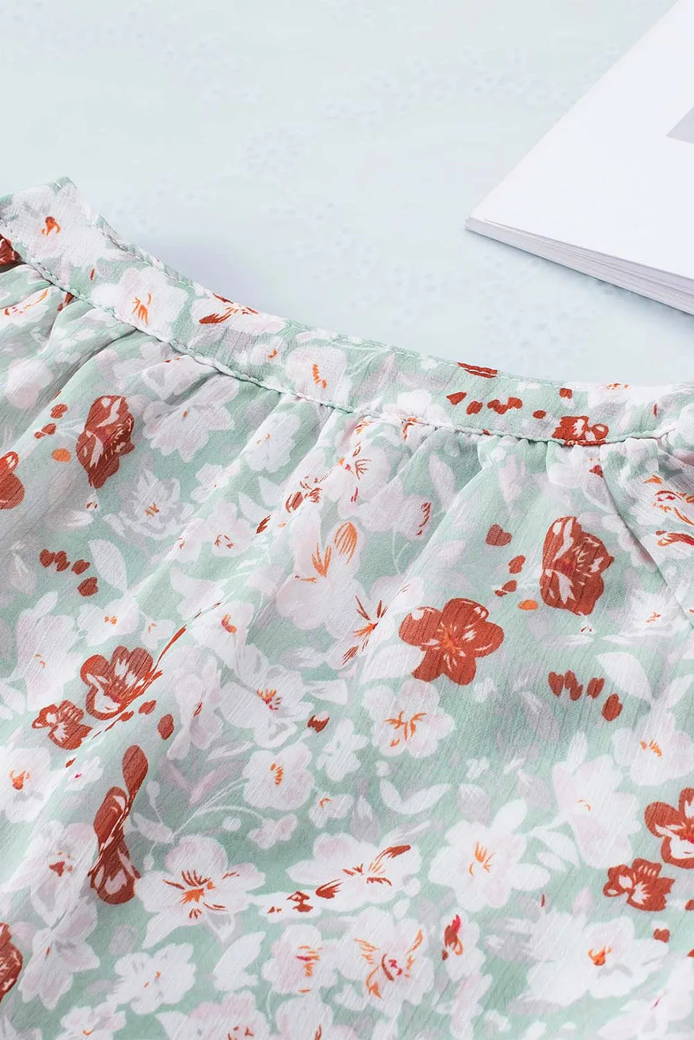 Green V Neck Puff Sleeves Floral Tunic Dress