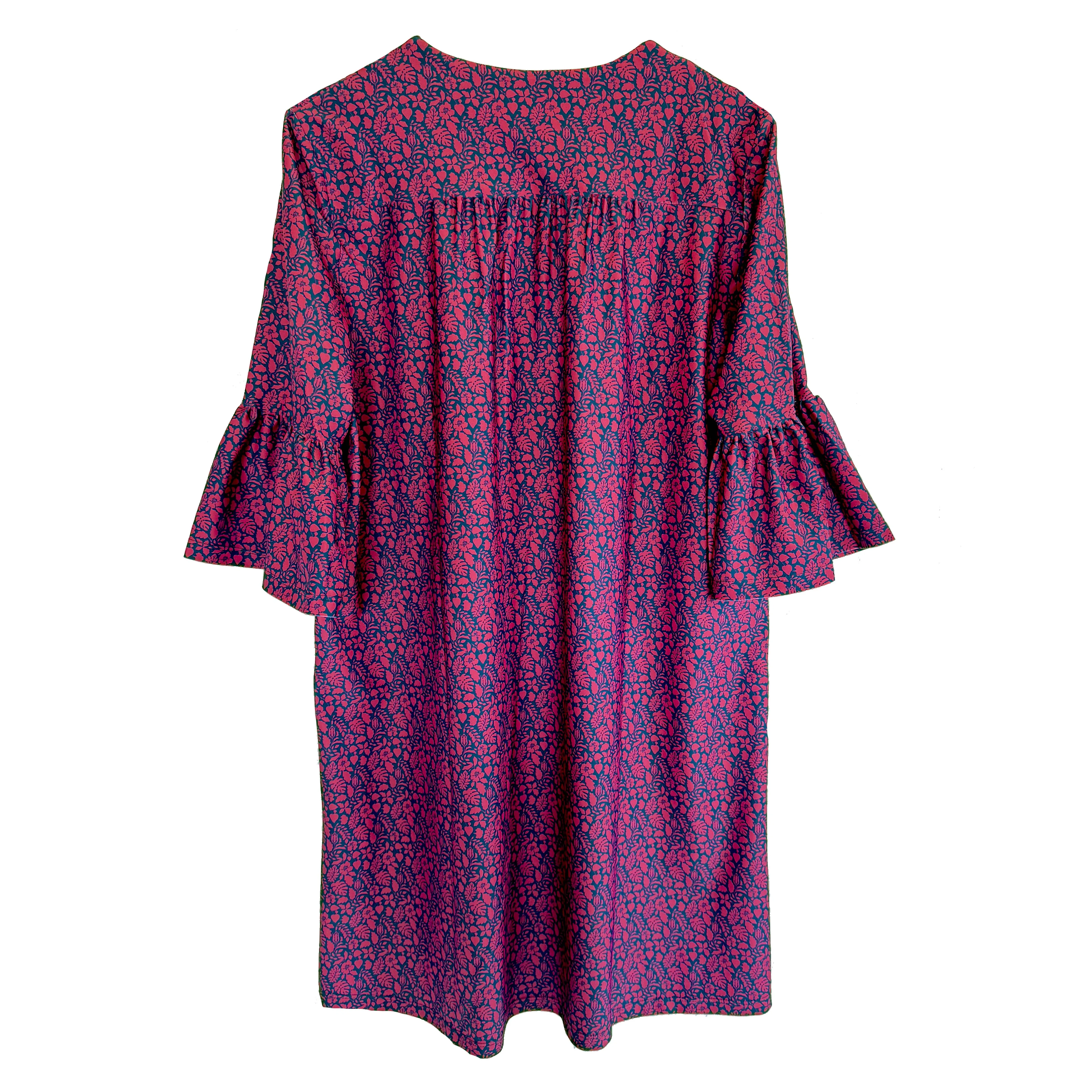 Greenwich Tunic Dress in Ditsy Tossed Leaves Navy and Cranberry