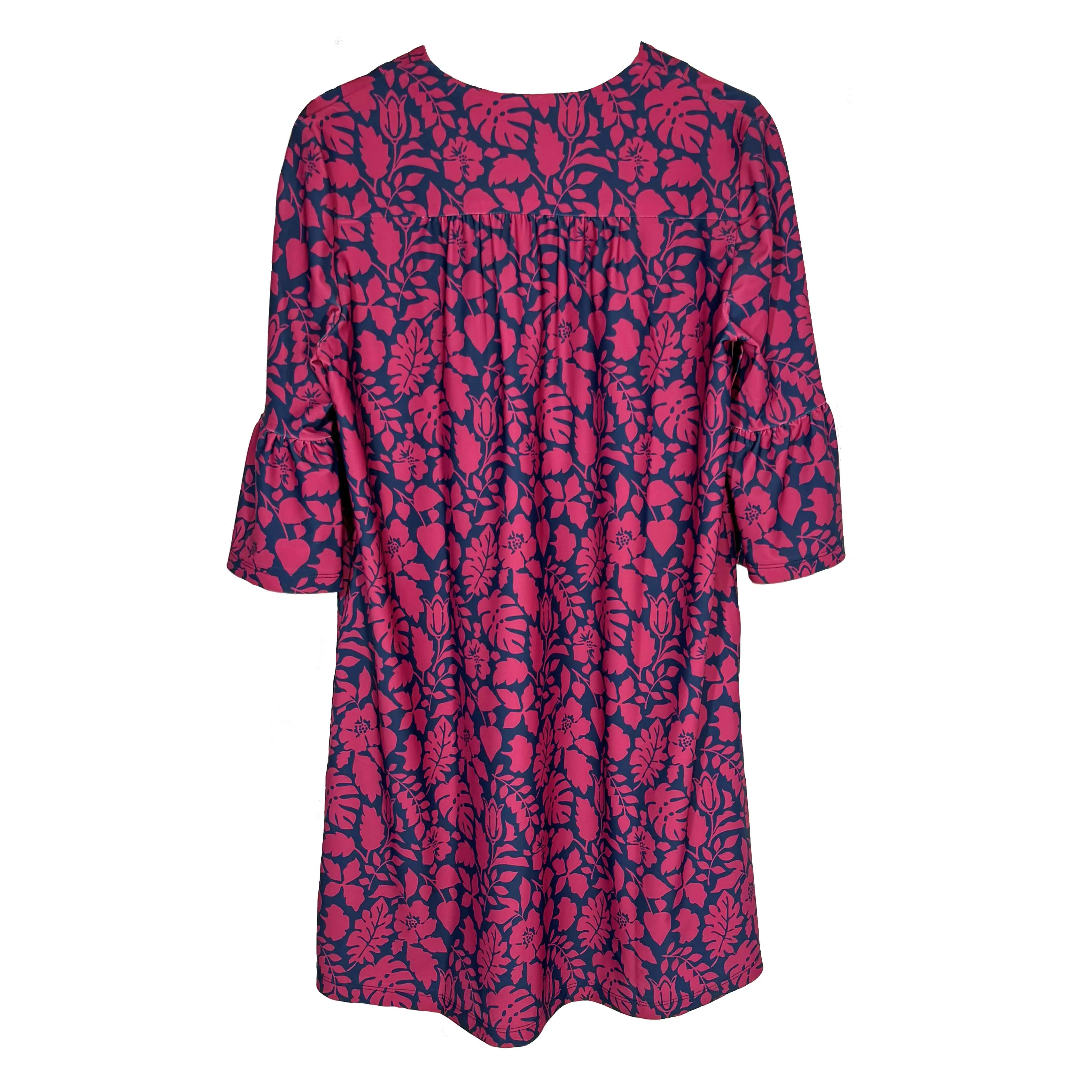 Greenwich Tunic Dress in Tossed Leaves Navy and Cranberry