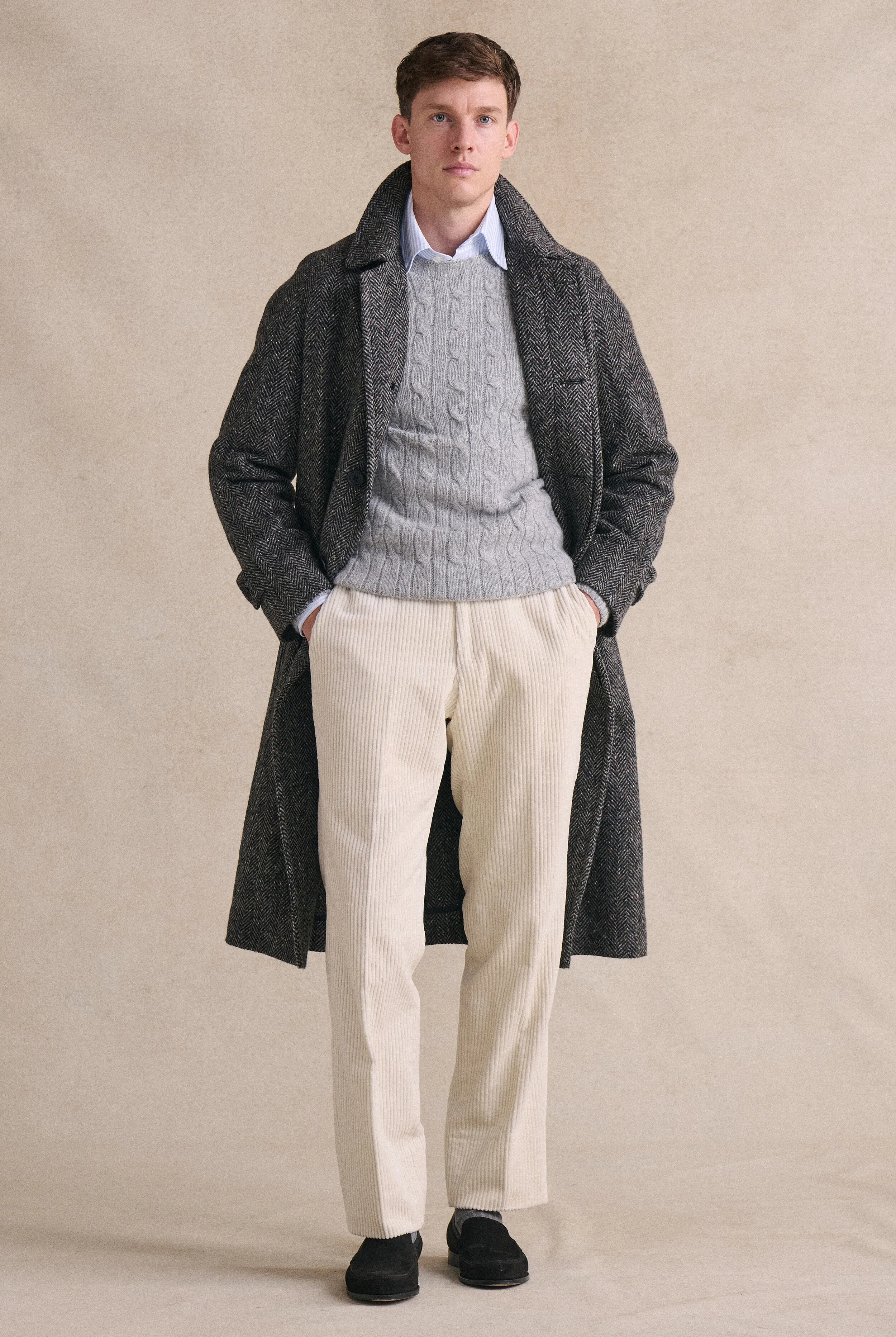 Grey Herringbone Raglan Sleeve Overcoat