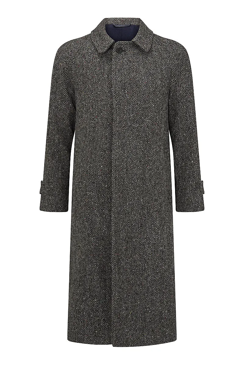 Grey Herringbone Raglan Sleeve Overcoat