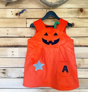 Halloween Toddler Girls Pumpkin Dress Up Pinafore Costume in soft orange cord