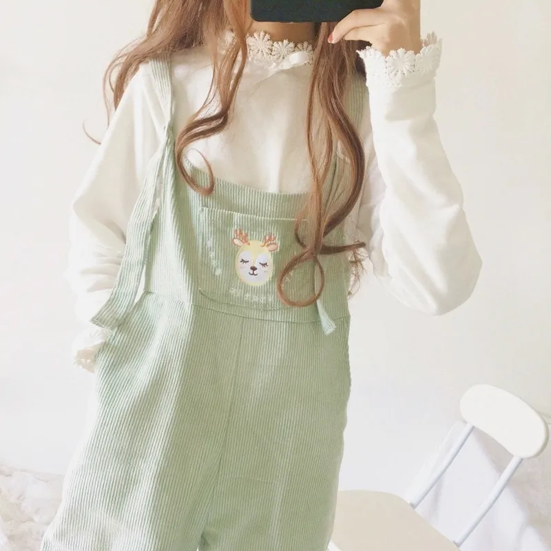 Harajuku Deer Embroidered Wide-legged Corduroy Pants