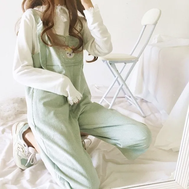 Harajuku Deer Embroidered Wide-legged Corduroy Pants