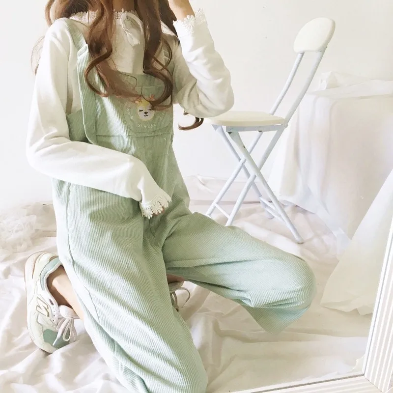 Harajuku Deer Embroidered Wide-legged Corduroy Pants