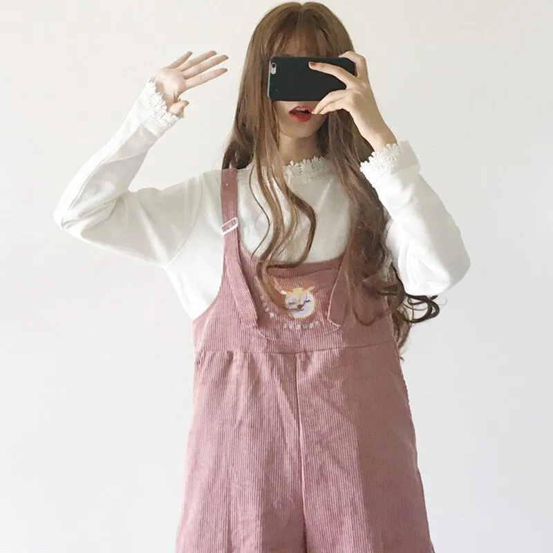 Harajuku Deer Embroidered Wide-legged Corduroy Pants
