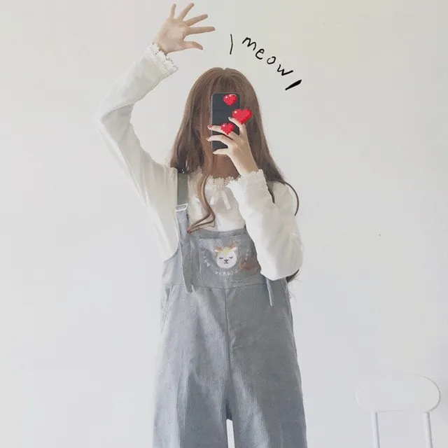 Harajuku Deer Embroidered Wide-legged Corduroy Pants