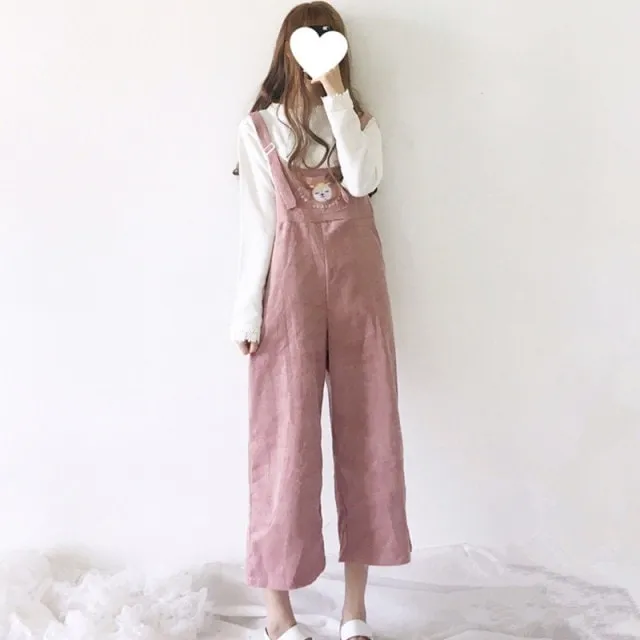 Harajuku Deer Embroidered Wide-legged Corduroy Pants