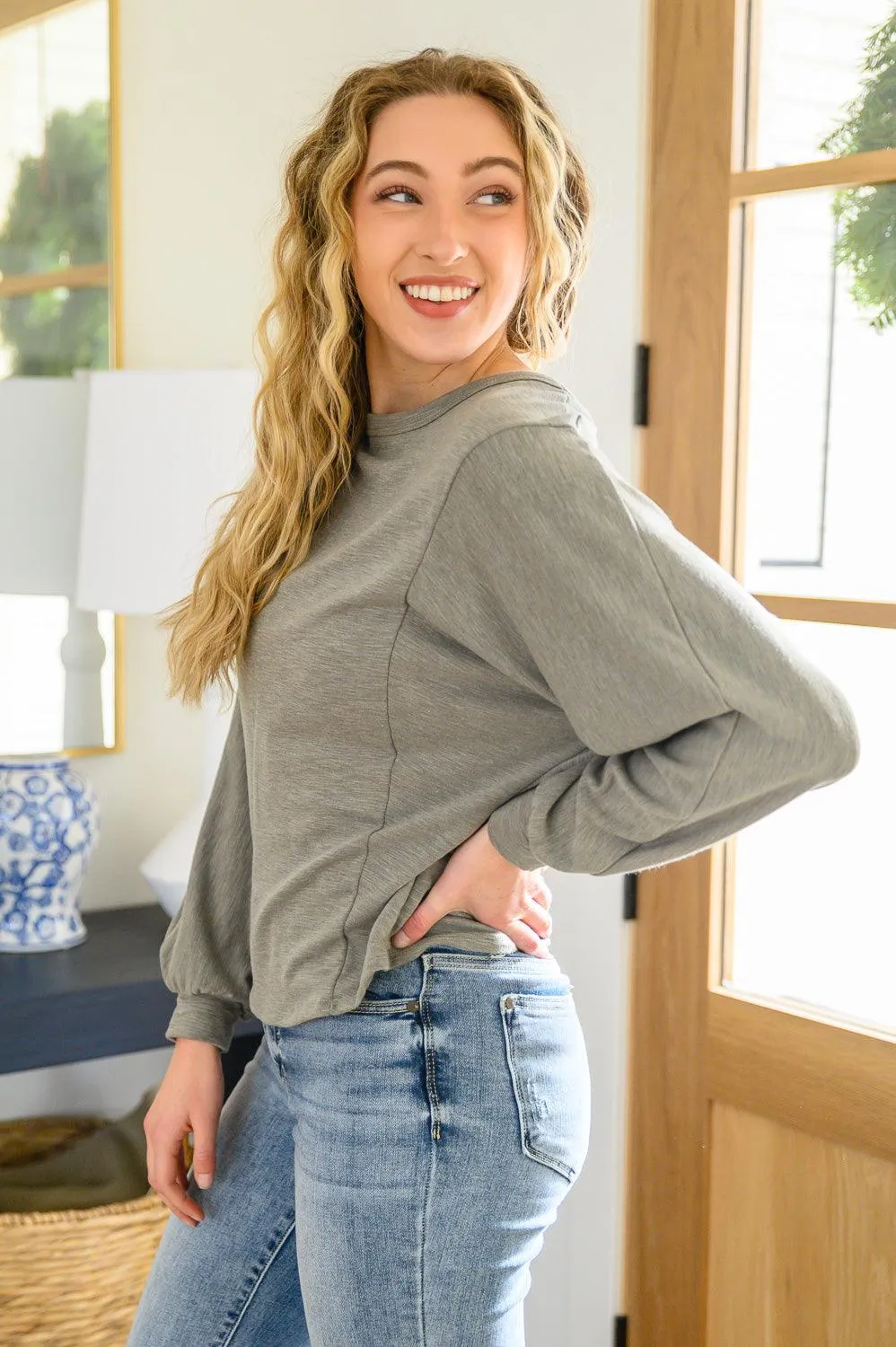 Hazel Blues® | Long Sleeve Solid Knit Open Back Top In Olive