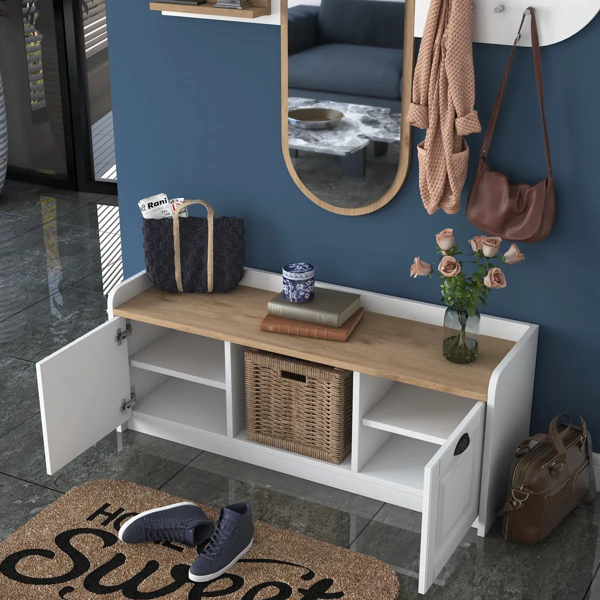 Home Canvas Reflections Modern Wall Mirror Rack & Shoe Bench White and Oak