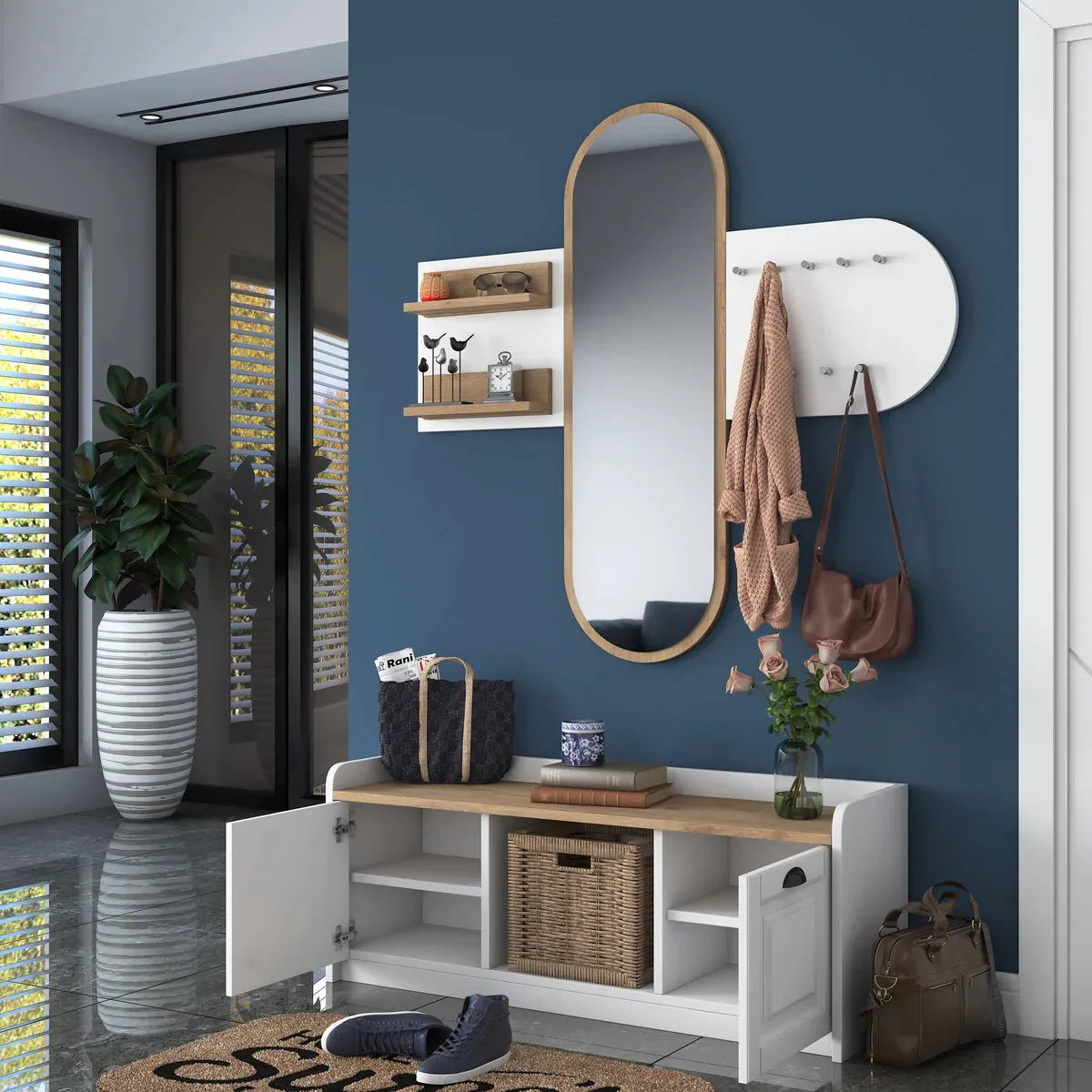 Home Canvas Reflections Modern Wall Mirror Rack & Shoe Bench White and Oak