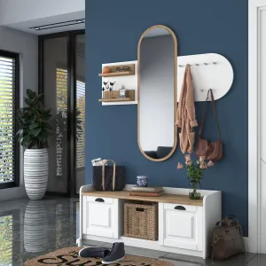 Home Canvas Reflections Modern Wall Mirror Rack & Shoe Bench White and Oak