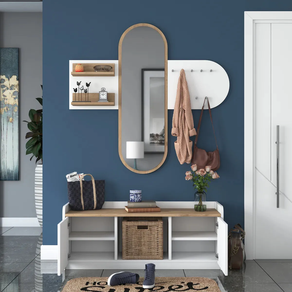 Home Canvas Reflections Modern Wall Mirror Rack & Shoe Bench White and Oak