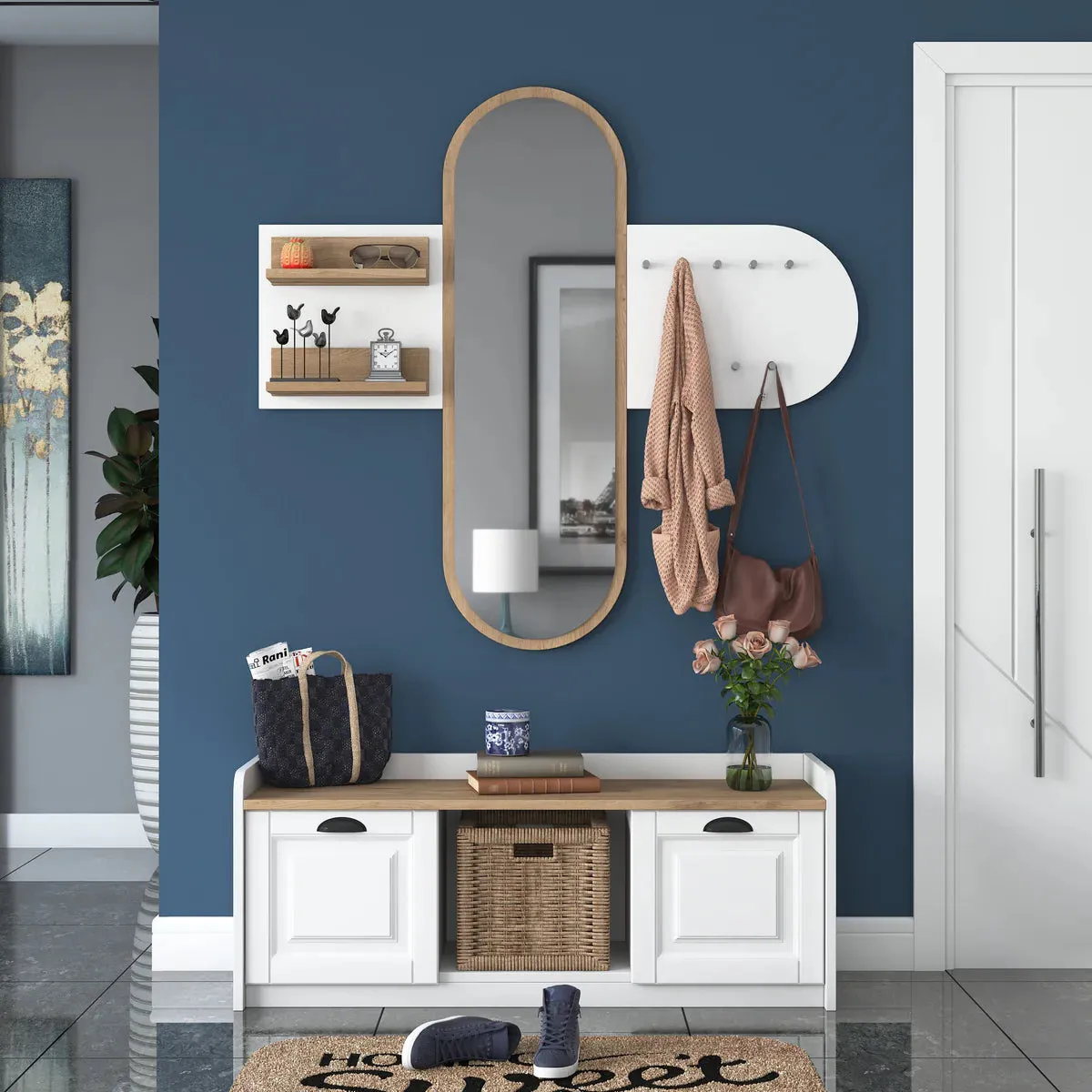 Home Canvas Reflections Modern Wall Mirror Rack & Shoe Bench White and Oak
