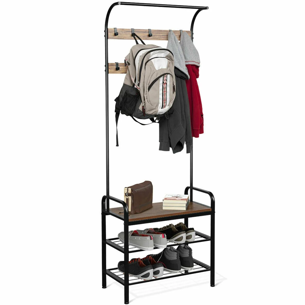 Industrial Coat Shoe Bench Entryway Shelf with 9 Hooks
