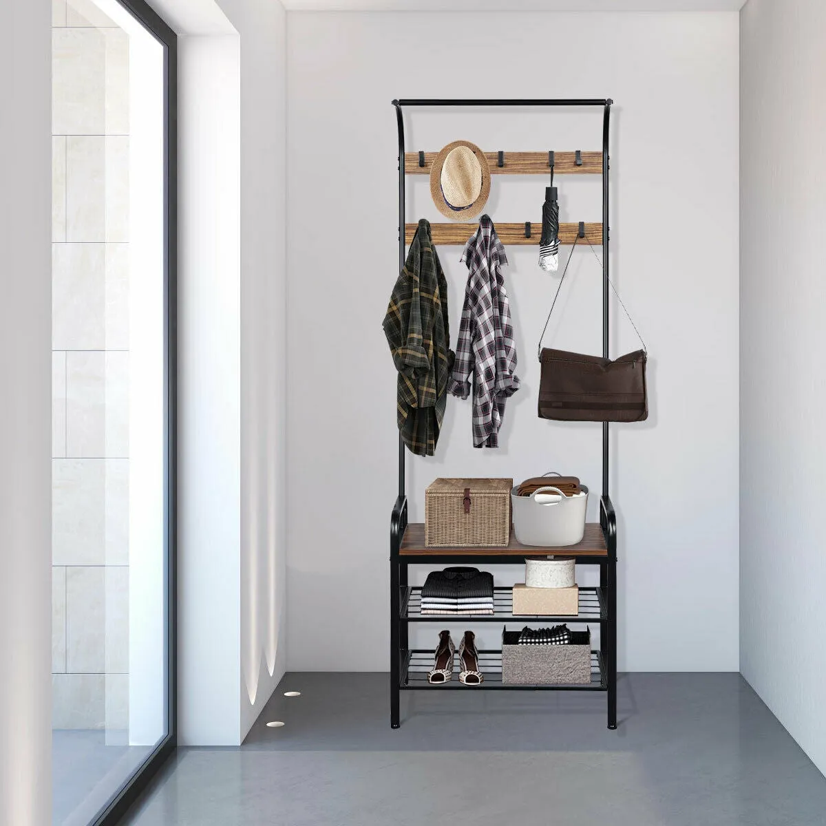 Industrial Coat Shoe Bench Entryway Shelf with 9 Hooks