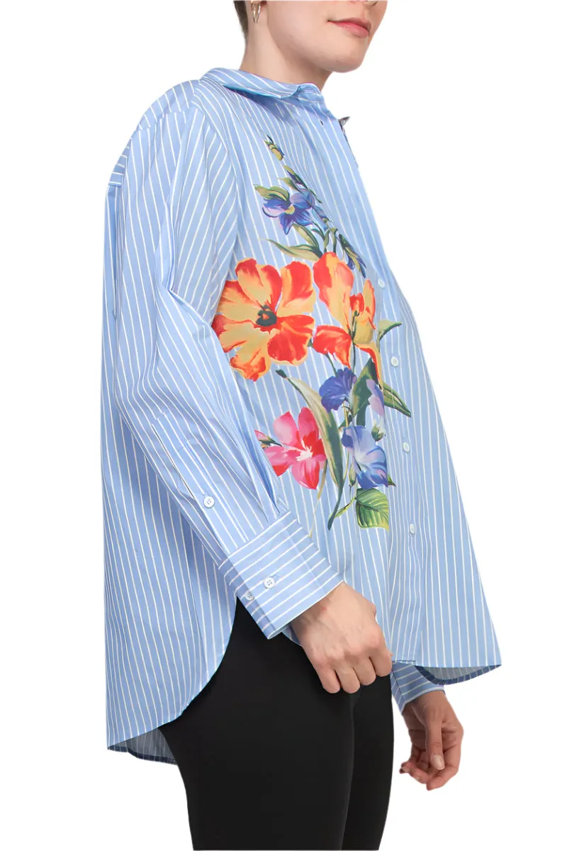 Industry Spread Collar Long Sleeves Striped Floral Detail Button Down Shirt
